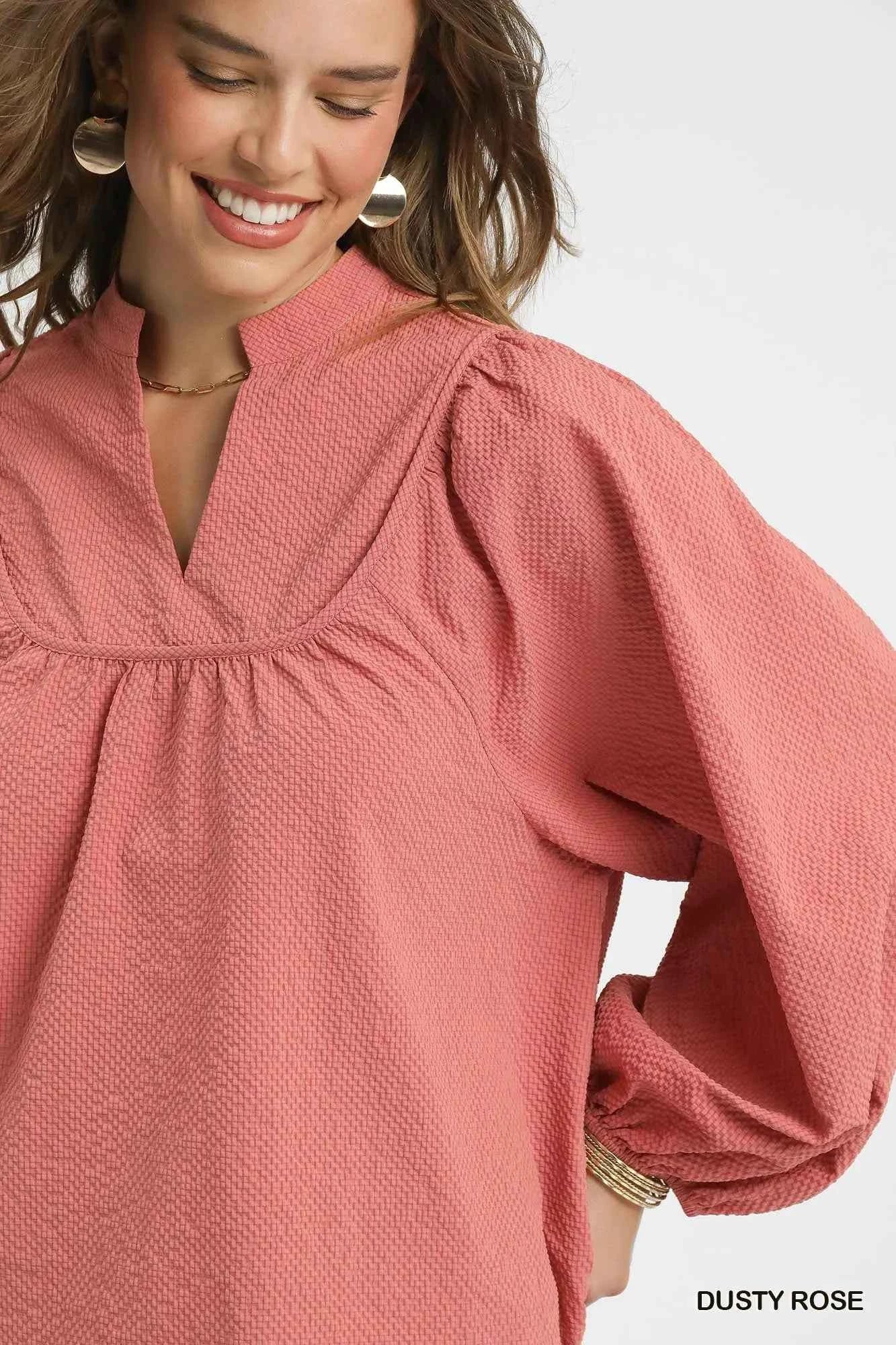 Umgee Textured Notched Blouse with Balloon Sleeves c55e22b0-79c0-4dec-a357-4dd21bfa1a9d-Max-Origin