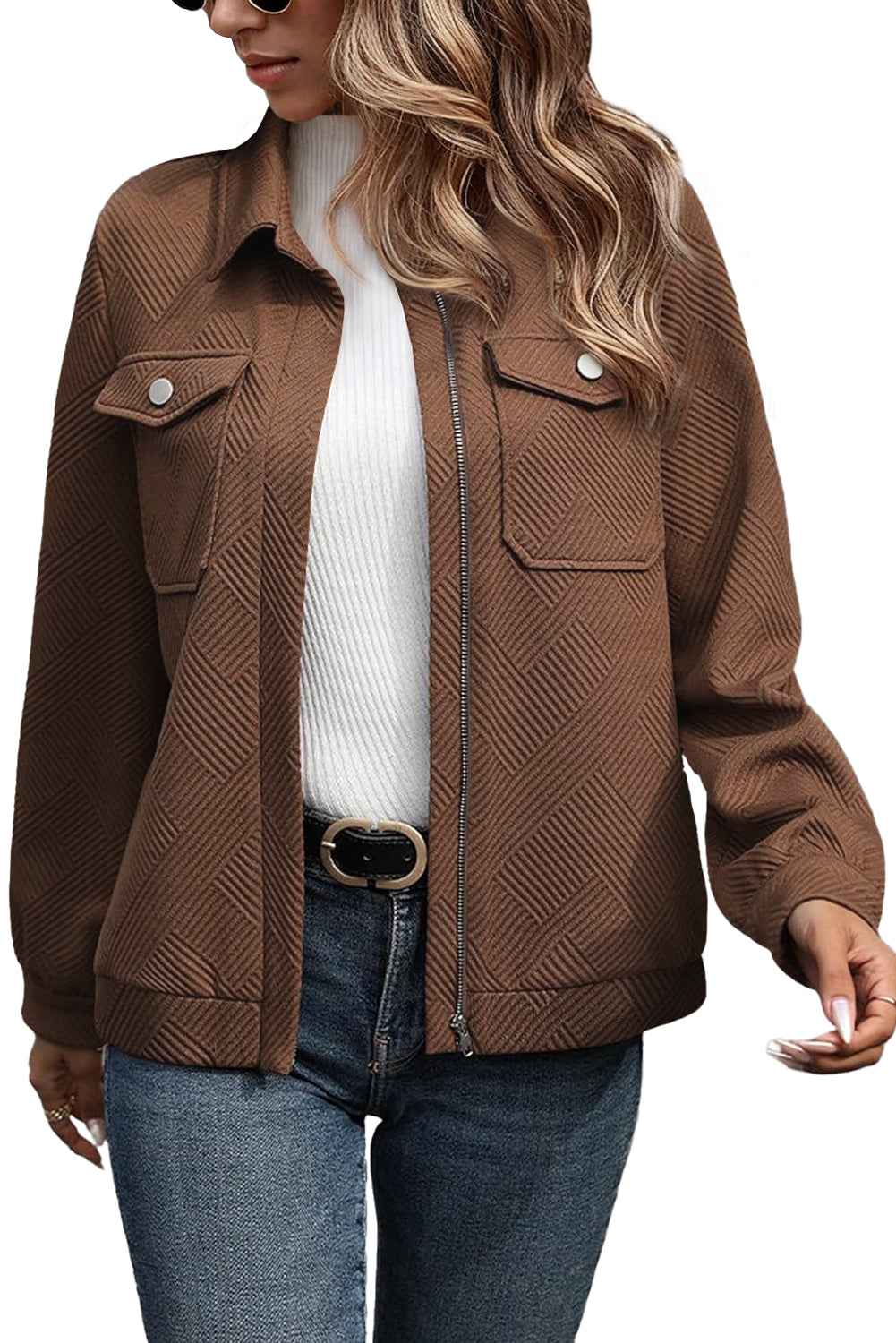 Blackish Green Solid Color Zip Up Button Flap Pocket Shirt Collar Jackets c55e50fcb799d962