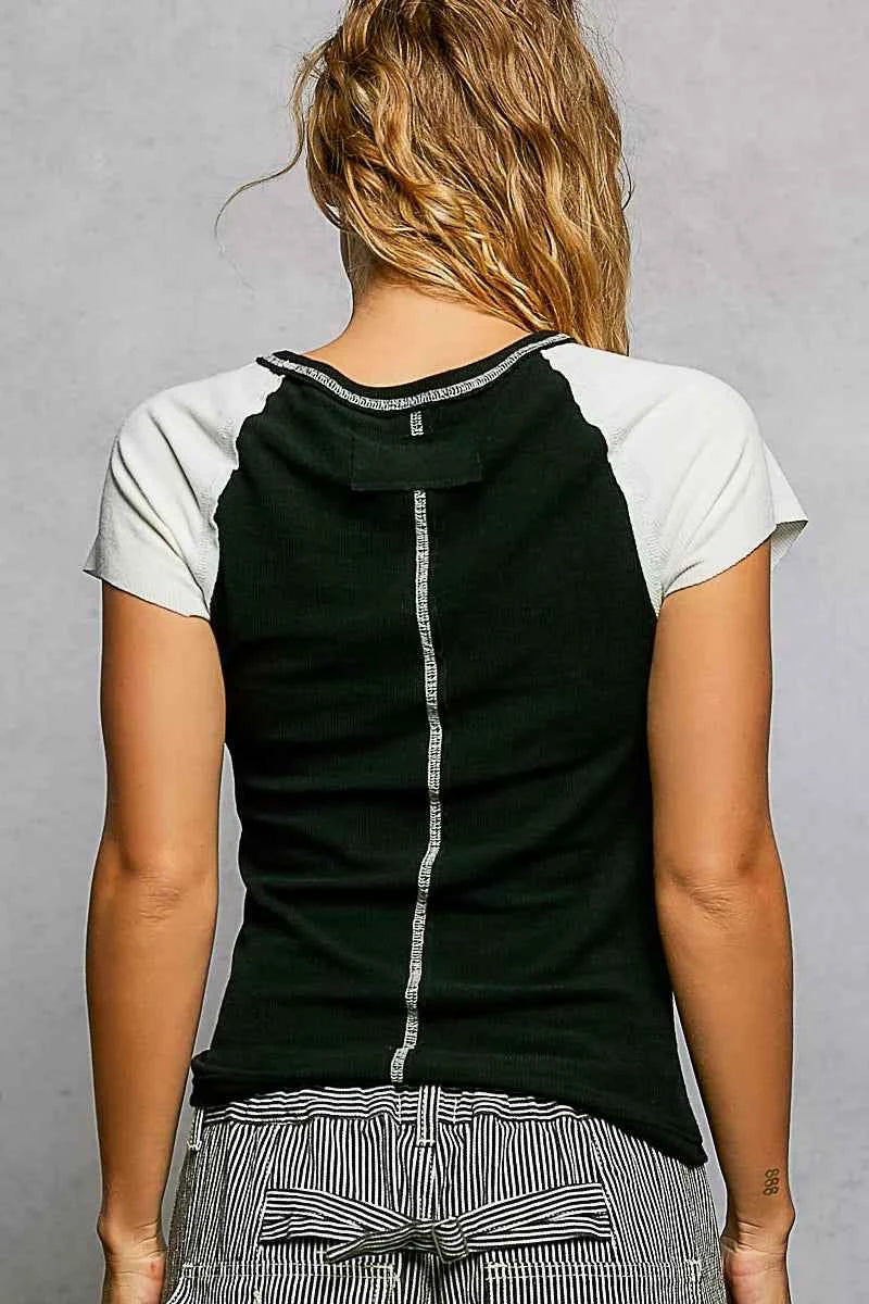 POL Round Neck Outseam Detail T-Shirt with Contrast Color Sleeves c5625fcc-3874-447f-a08f-831d9af1c49a-Max-Origin