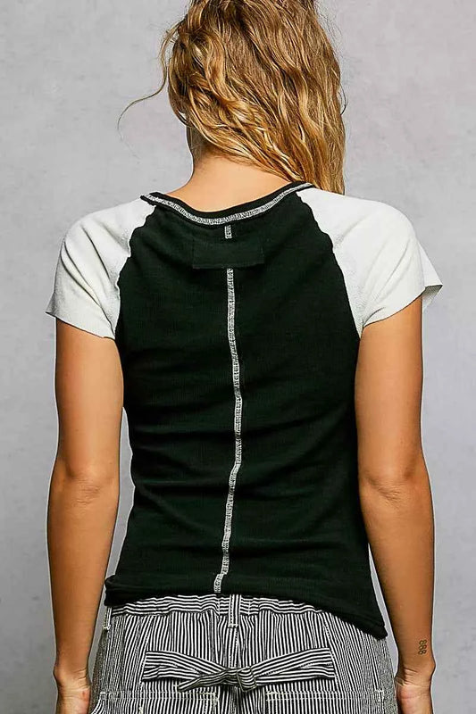 Round Neck Outseam Detail T-Shirt with Contrast Color Sleeves c5625fcc-3874-447f-a08f-831d9af1c49a-Max-Origin