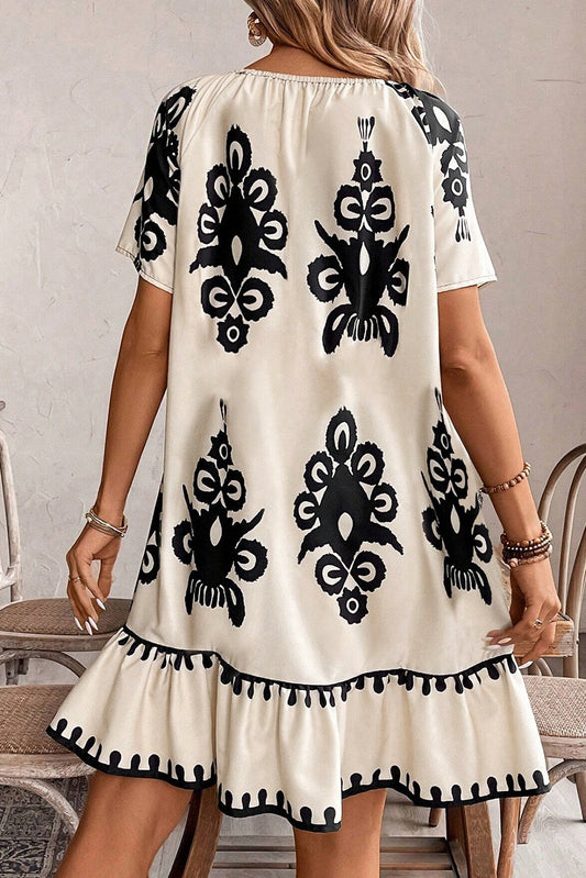 Apricot Ethnic Print Ruffle Hem Loose Mini Dress c5663aaf73b3b806