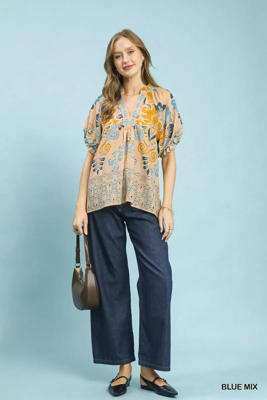 Border Print Puff Sleeve V-Neck Blouse c568820a-fb9c-4c57-94d3-6126a9cf1325-Max-Origin