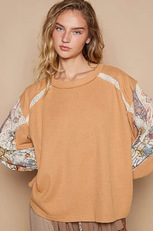 Waffle-Knit Lace Detail Round Neck Top c56c608d-c195-4005-bc64-82c1ccb16936-Max