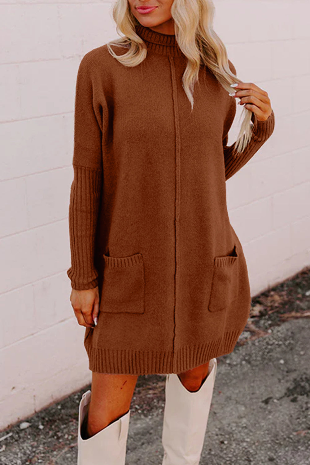 Chestnut Ribbed High Neck Front Pockets Center Seam Shift Sweater Dress c56e31dc7babaf9b