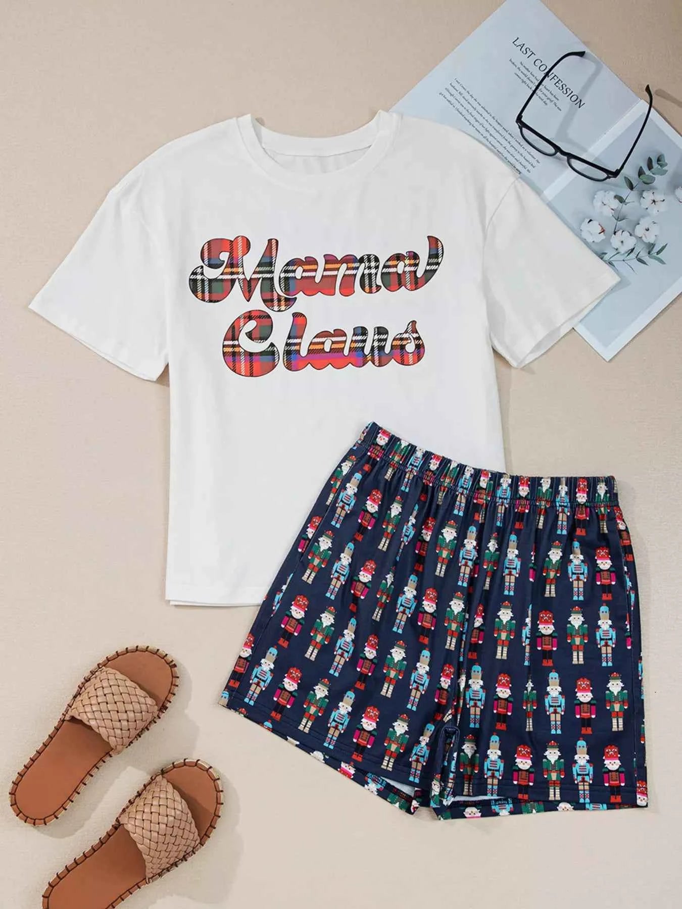 Mama Claus Plaid Letter Tee and Nutcracker Shorts 2pcs Lounge Set c5763876818b4e4685ec855d42c83314-Max-Origin