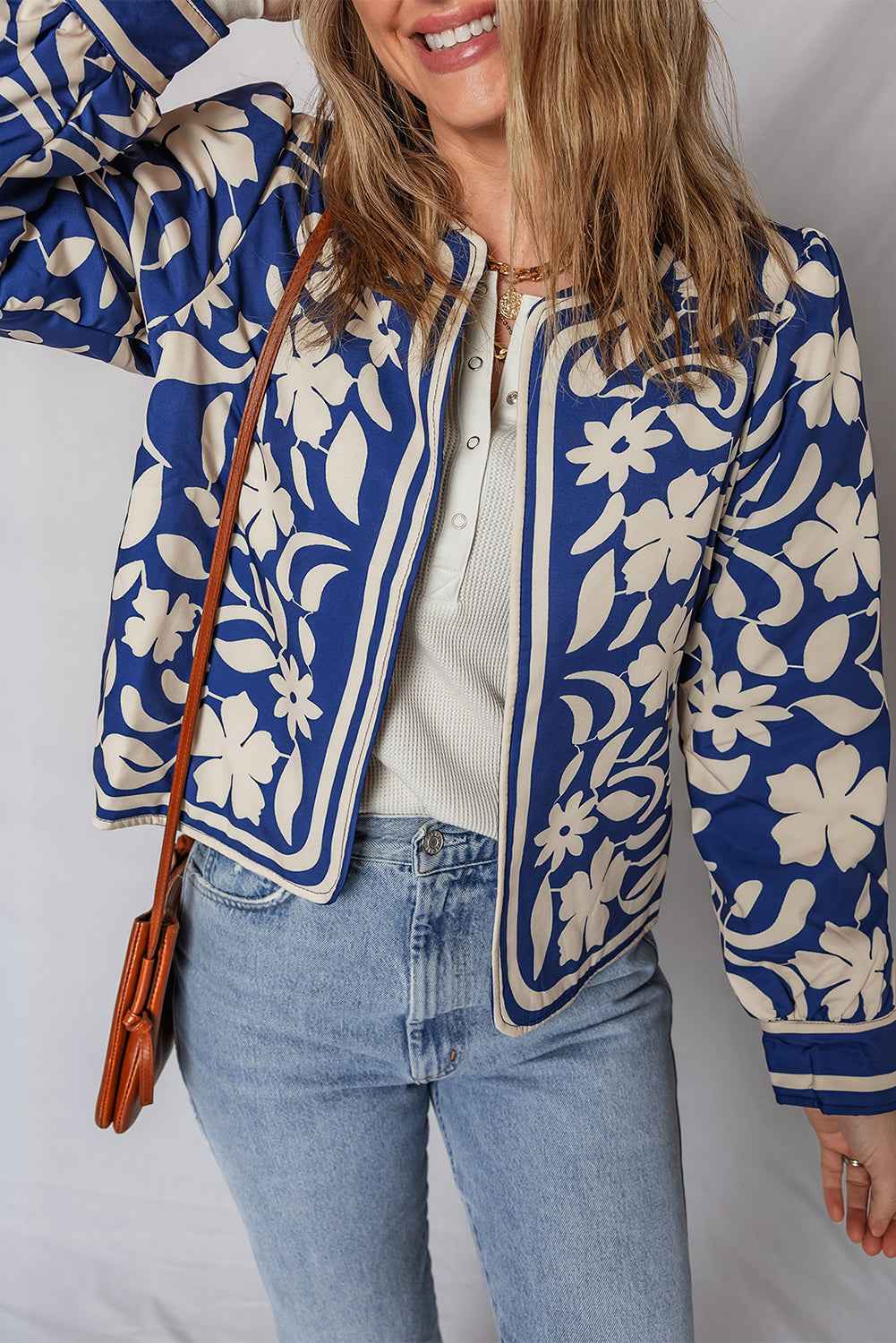 Blue Flower Print Open Front Buttoned Cuffs Jacket c576e184e80860b6