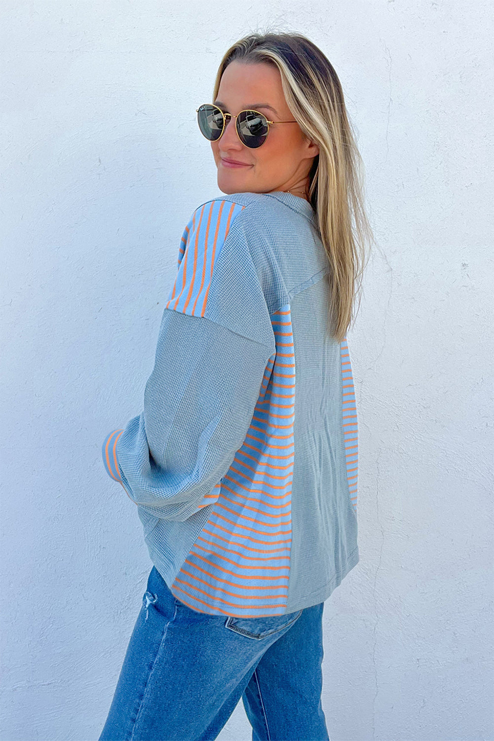 Dusk Blue Exposed Seam Waffle Striped Patchwork Baggy Pullover c57ed0251b4108e1