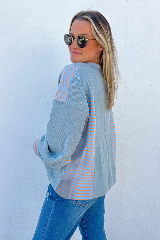 Dusk Blue Exposed Seam Waffle Striped Patchwork Baggy Pullover c57ed0251b4108e1