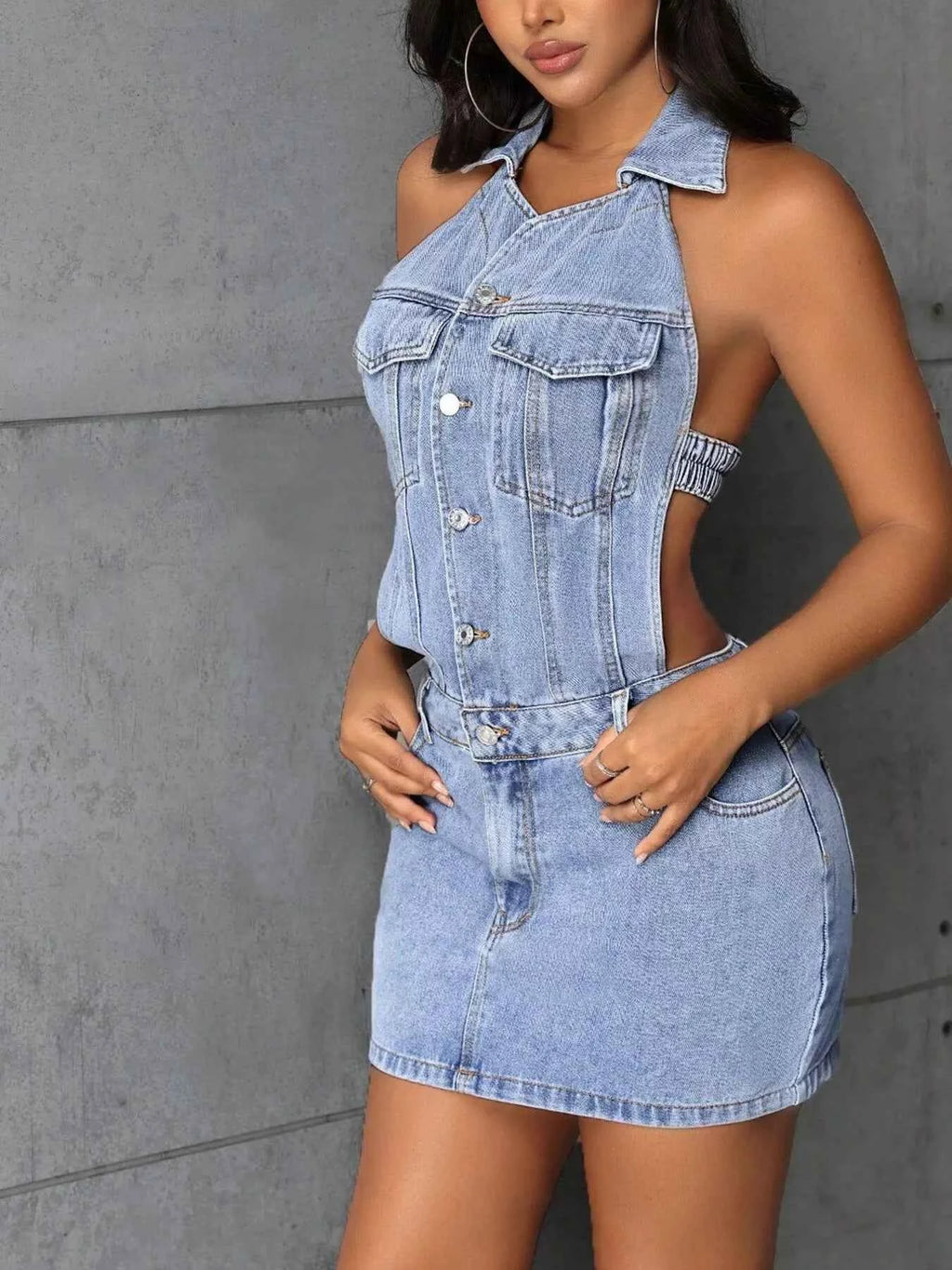 Backless Sleeveless Button Front Denim Mini Dress c58073b2282d4665a6bfc0e6e0d87904-Max-Origin