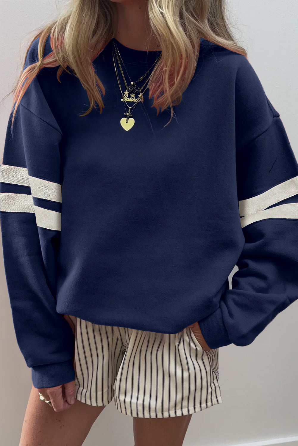 Orange Preppy Striped Sleeve Loose Sweatshirt Navy Blue 65%Polyester+35%Cotton c581ce1eb554ffc8