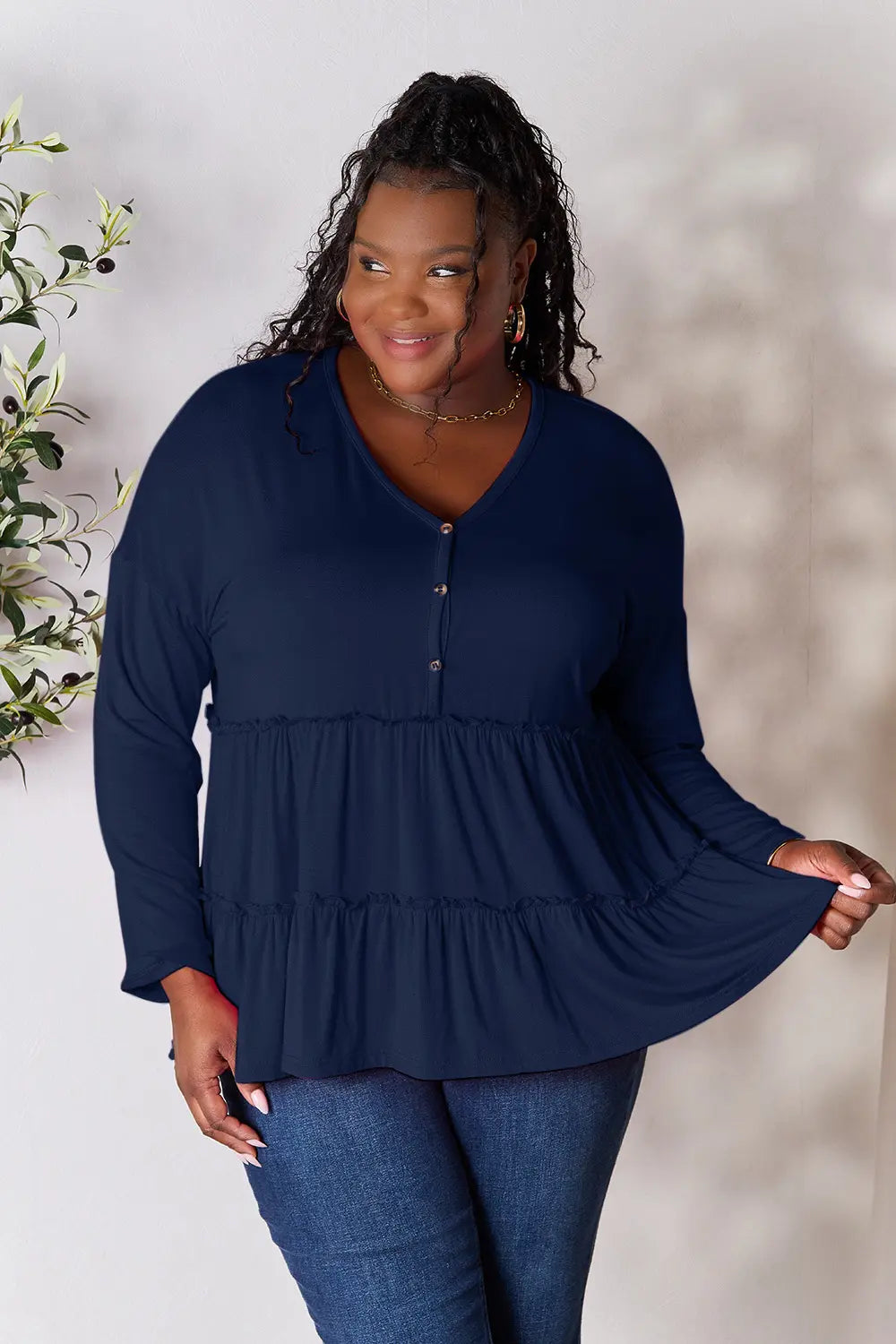 Double Take Half Button Long Sleeve Ruffle Hem Blouse Dark Blue c582126fa5d246068a250d64a1ee9de8-Max