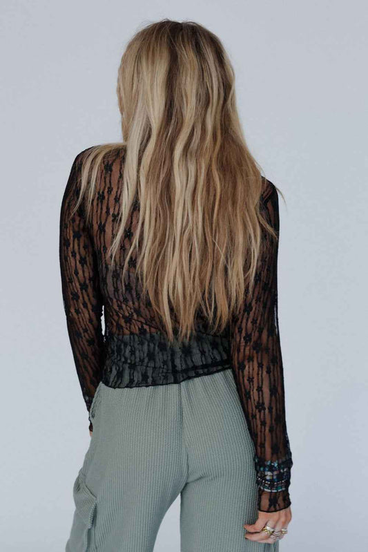 Black Sheer Floral Lace Long Sleeve Slim Fit Top c582c535d207f431