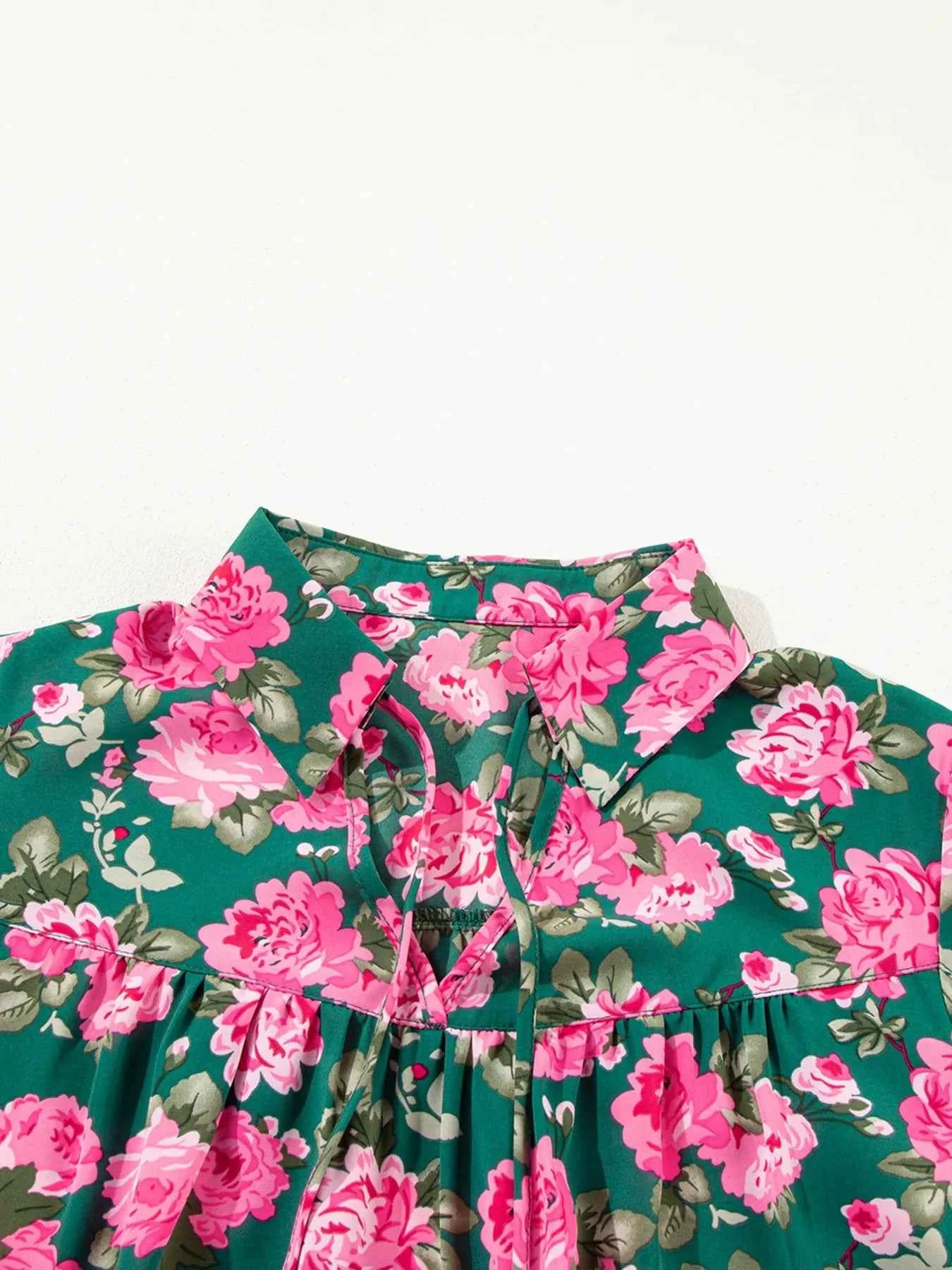 Floral Printed Tied Collar Puff Sleeve Blouse c5865e4b29cf4fbe9938a5543d4f071e-Max-Origin