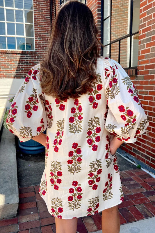 White Floral Print V Neck 3/4 Sleeve Loose Mini Dress c58b745c6505e938
