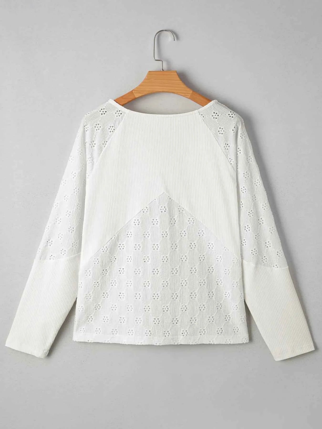 Eyelet Embroidered Loose V Neck Long Sleeve Top c58cef1c41d749c283b04673976fb163-Max-Origin