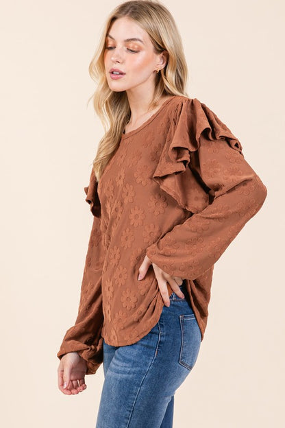 BOMBOM Ruffled Flower Round Neck Blouse