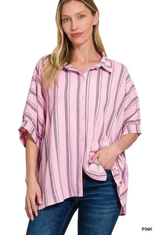 Zenana Woven Yarn-Dye Stripe Oversized Button Down Shirt PINK c59407a4c7ae4b49b7d42c41e9397b95-Max-Origin