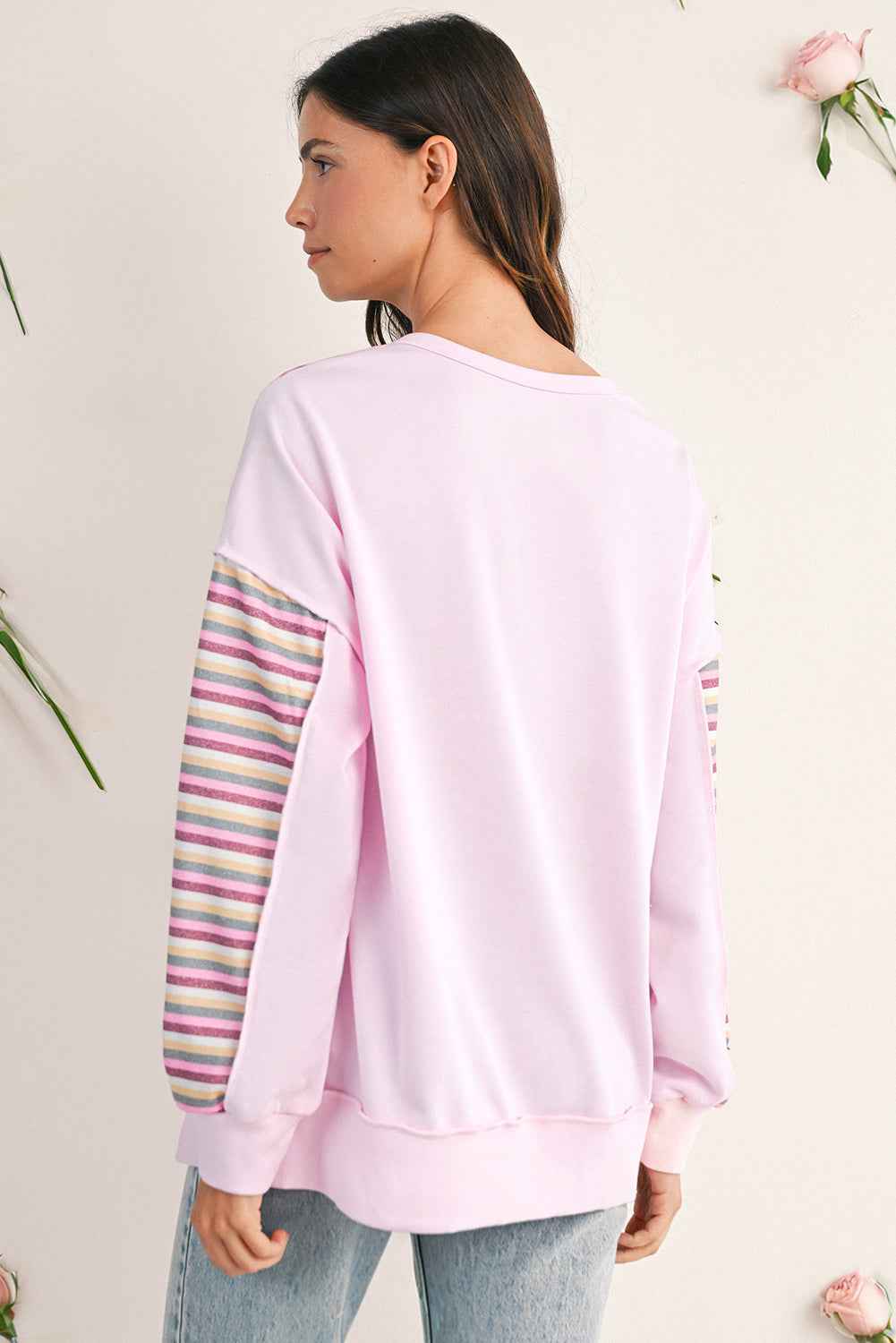 Pink Striped Patchwork Button V Neck Pullover Sweatshirt c59b1d9318900684