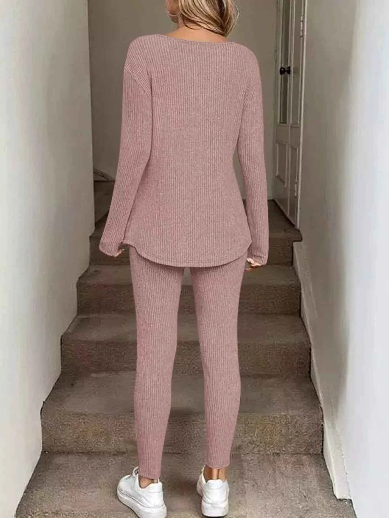 Ribbed Knit Long Sleeve Top and Pants Set c59e4304113f43b98eff3d417312490a-Max-Origin