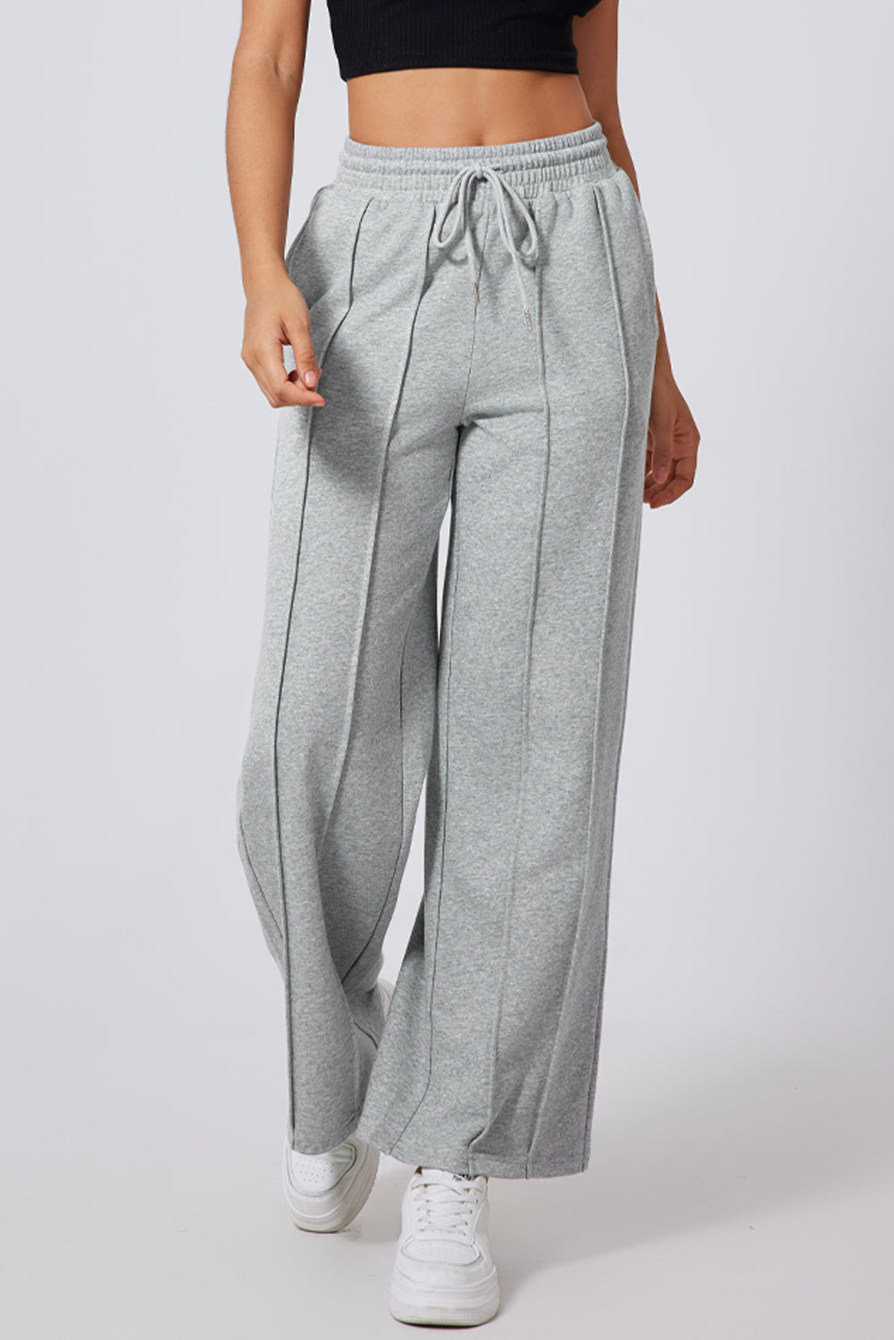 Gray Seamed Drawstring High Waist Wide Leg Sweatpants c5a0be1a75f80234