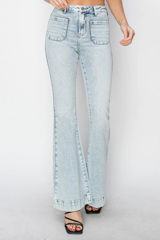 Full Size High Rise Front Patch Pocket Flare Jeans c5a5a0a4-0f56-49ce-b355-65260b1f0bcf-Max