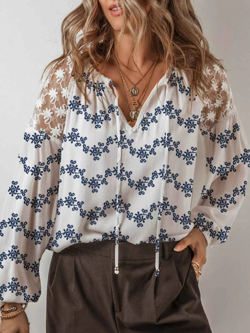 Printed Tie Neck Lace Long Sleeve Blouse c5a7a921-a345-4311-9b91-4b050e3bcdbb-Max-Origin
