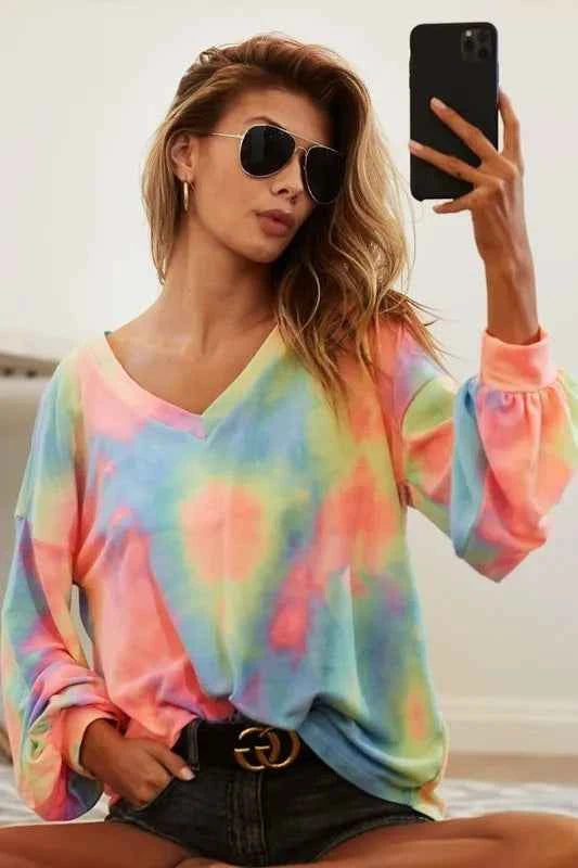 BiBi Tie Dye French Terry V Neck Top c5a8eb7dc9b54cf59b478ad61270e9d3-Max-Origin