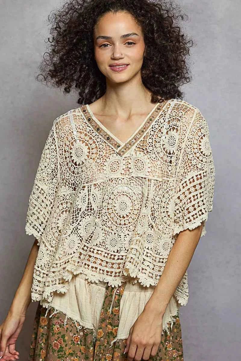 POL V-Neck Crochet Top with Scalloped Hem NATURAL One Size c5af1b17-8633-49ef-a8e6-8c6d21bd1a17-Max-Origin