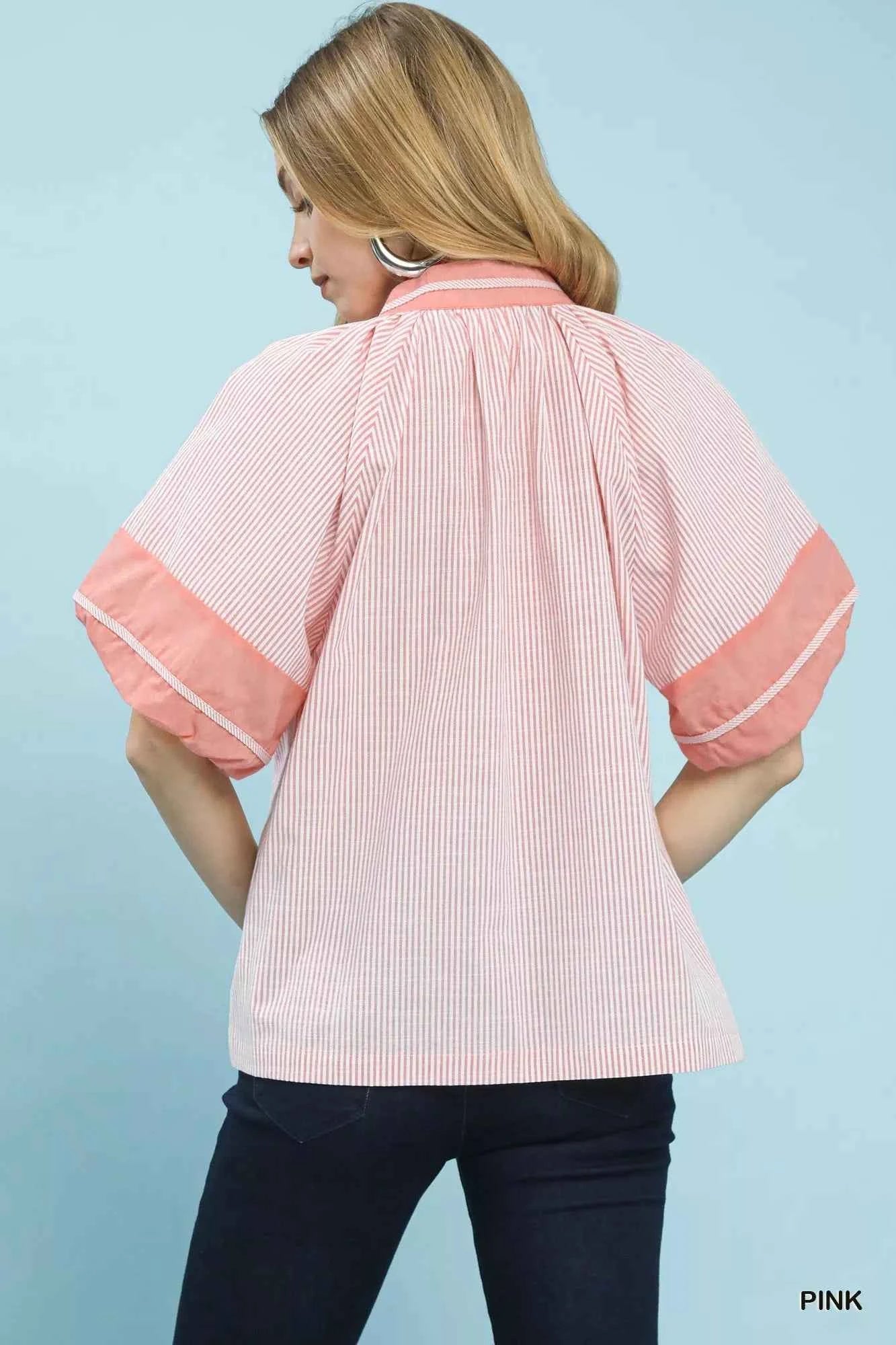 Umgee Striped Mixed Puff Sleeve Blouse c5b1a453-e9e4-46d3-99b1-5442fdedc93c-Max-Origin
