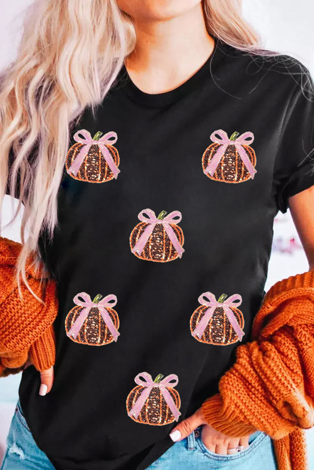Black Sequin Bow Pumpkin Patched Cotton Blend T Shirt c5b2e3322157b753
