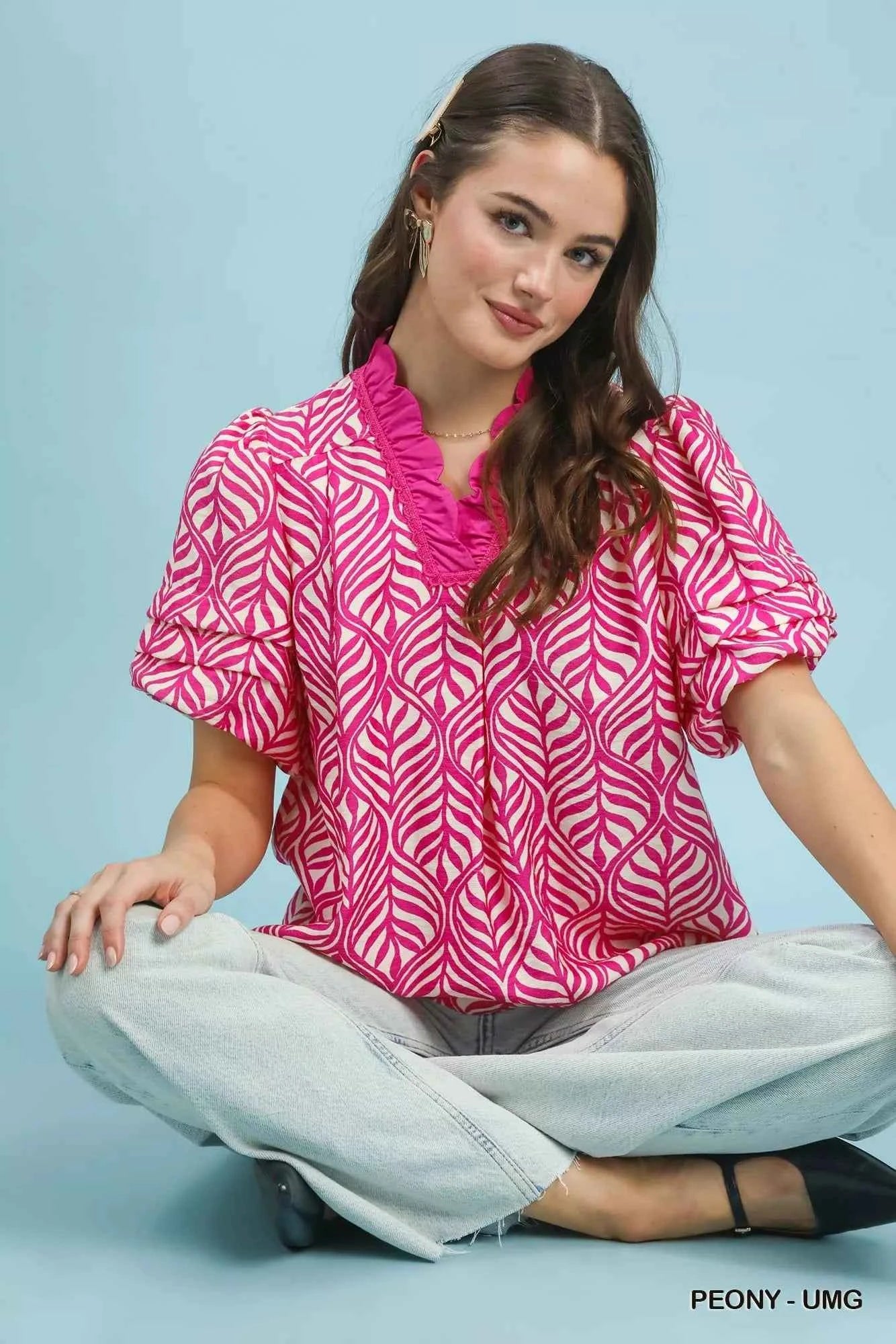 Umgee Printed Puff Sleeve Ruffle Neck Top c5b54632-a1ff-4aae-be08-afa460188a69-Max-Origin