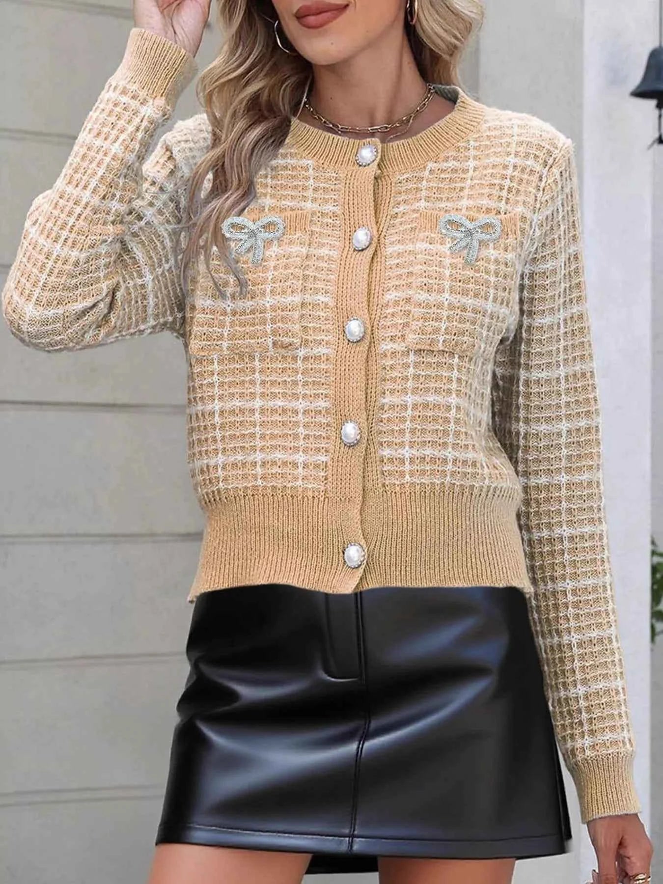 Bow Decor Button Up Cardigan Gold c5beba3f-3ce6-44f6-9474-67bd116c9788-Max-Origin