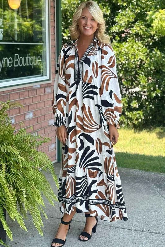 Brown Tropical Print Contrast Trim Neck Long Sleeve Ruffle Hem Dress c5c1bbc070f34eee