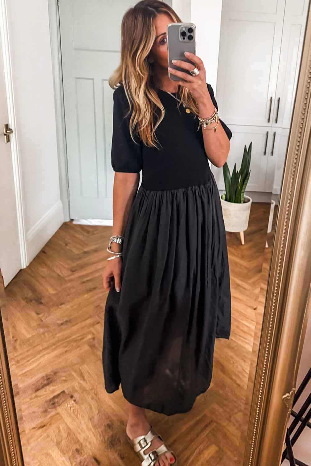 Black Short Sleeve Knit Top Patchwork Pleated Long Dress c5c59fd1cd159802
