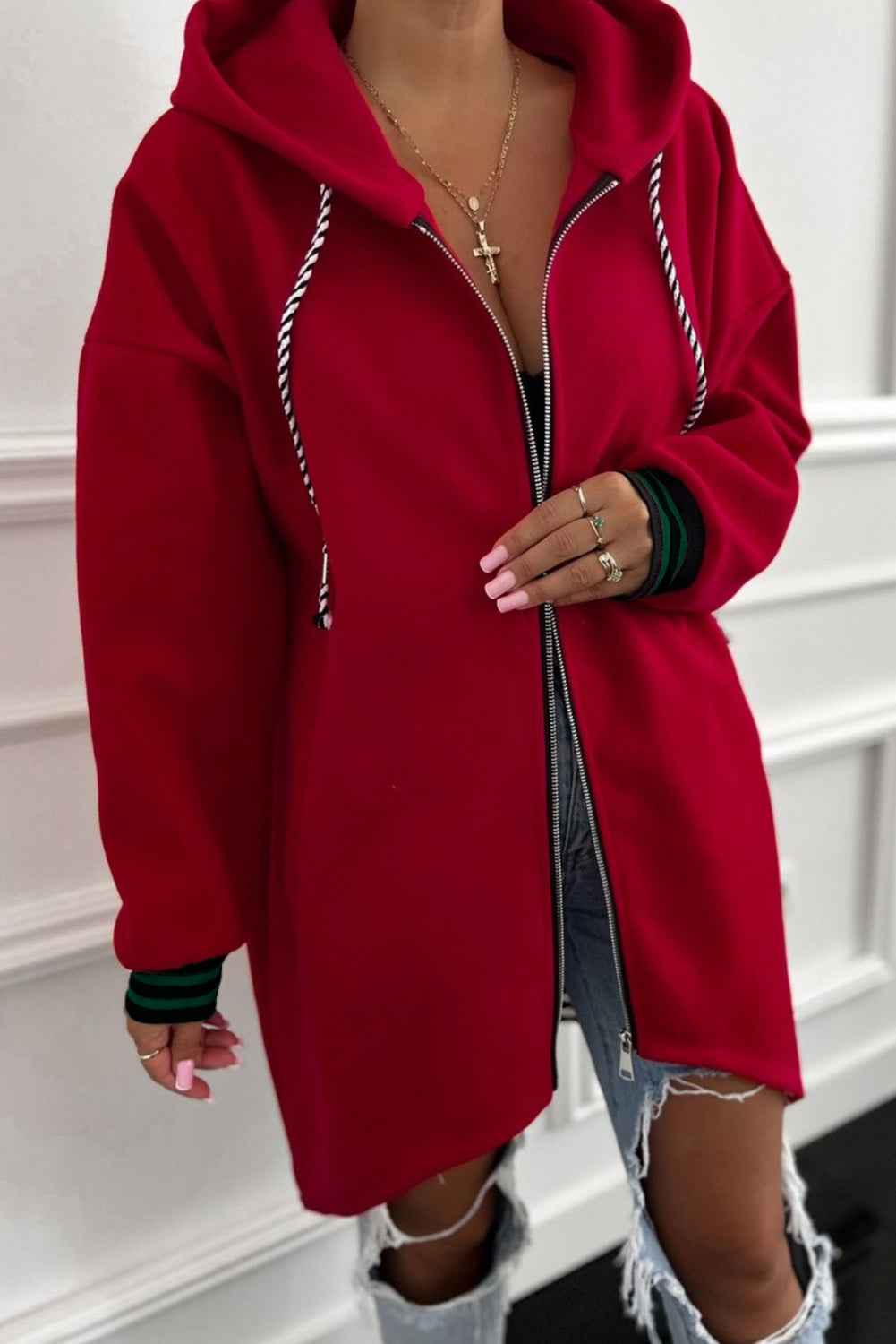 Dark Khaki Contrast Cuffed Drop Shoulder Zip up Tunic Hoodie Racing Red 100%Polyester c5c79b9ab8b8a17d