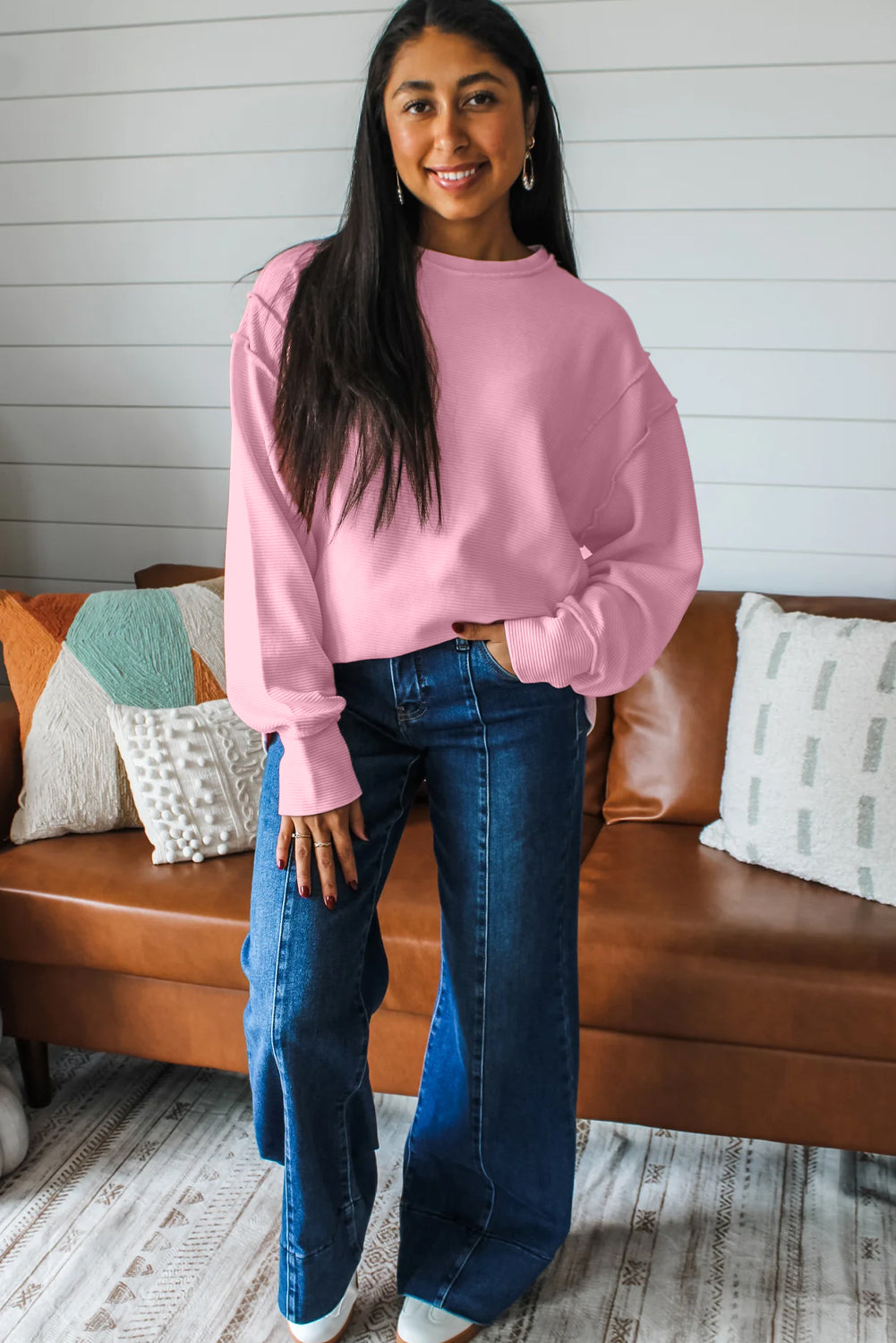 Lavendula Horizontal Ribbed Exposed Seam Detail Drop Shoulder Baggy Pullover c5ce782e0dd82ad2