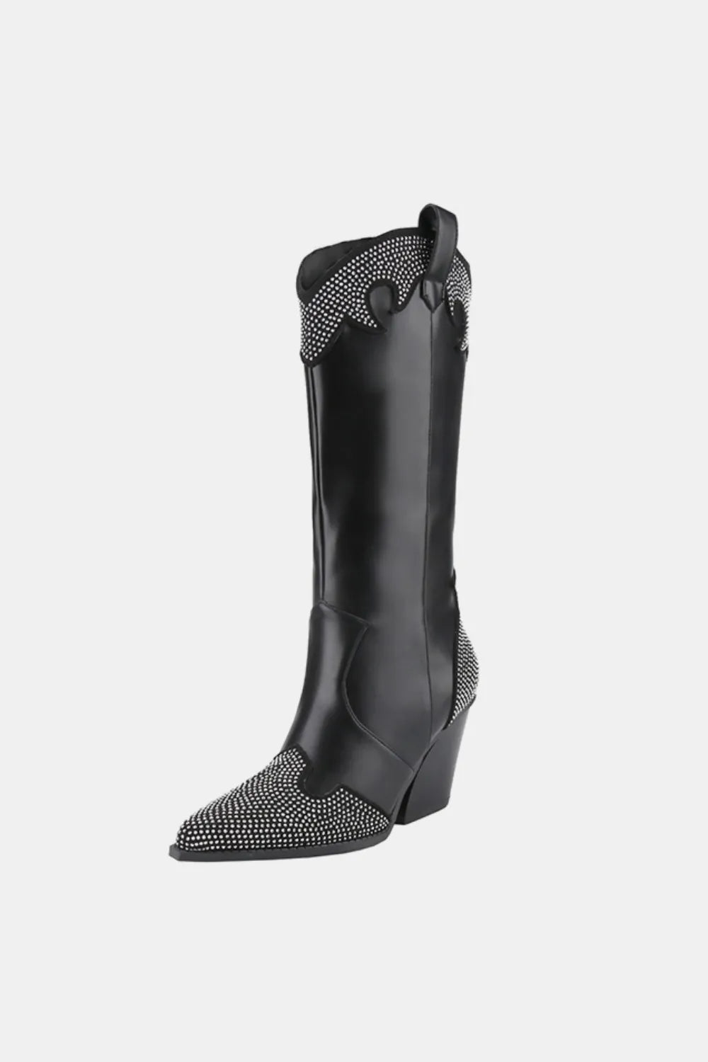 Weeboo Chunky Heel Rhinestone Decor Western Boots Black c5cf0434-c493-44a6-9a29-50210c098d13-Max