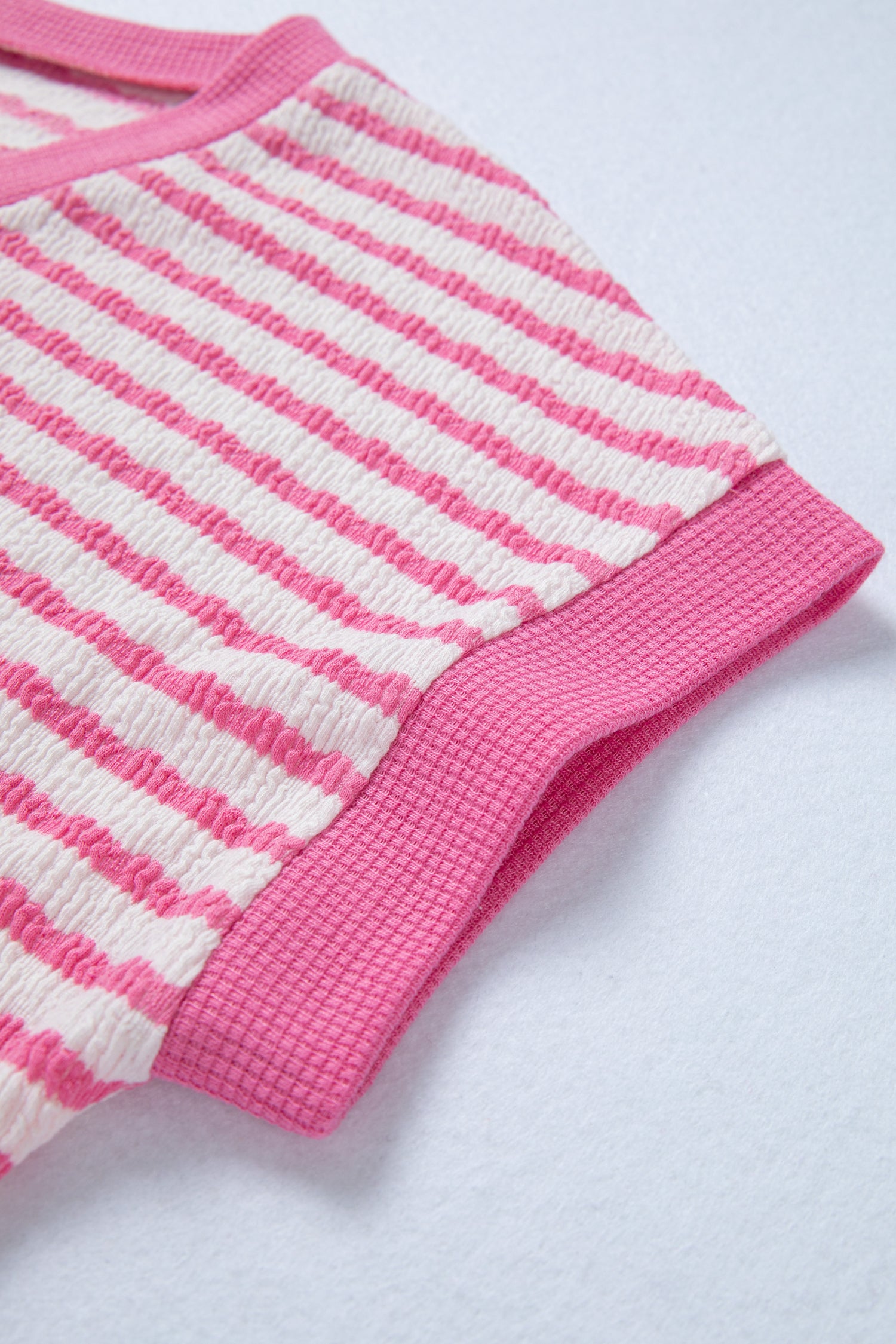 Pink Stripe Textured Knit Contrast Trim V Neck Short Sleeve Top c5d1ed2640f9fde9