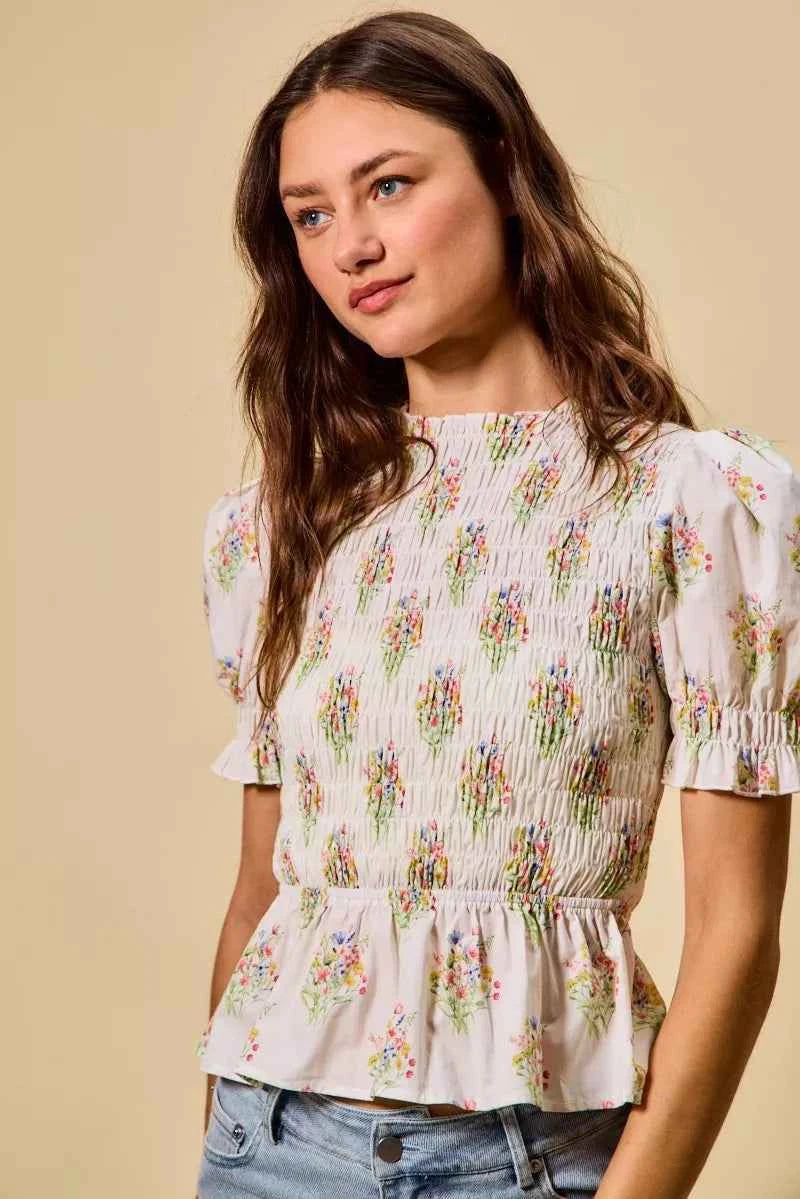 SO ME Floral Cotton Smocked Short Sleeves Blouse c5d3893cc19c443c8e5a5d53480051f4-Max-Origin