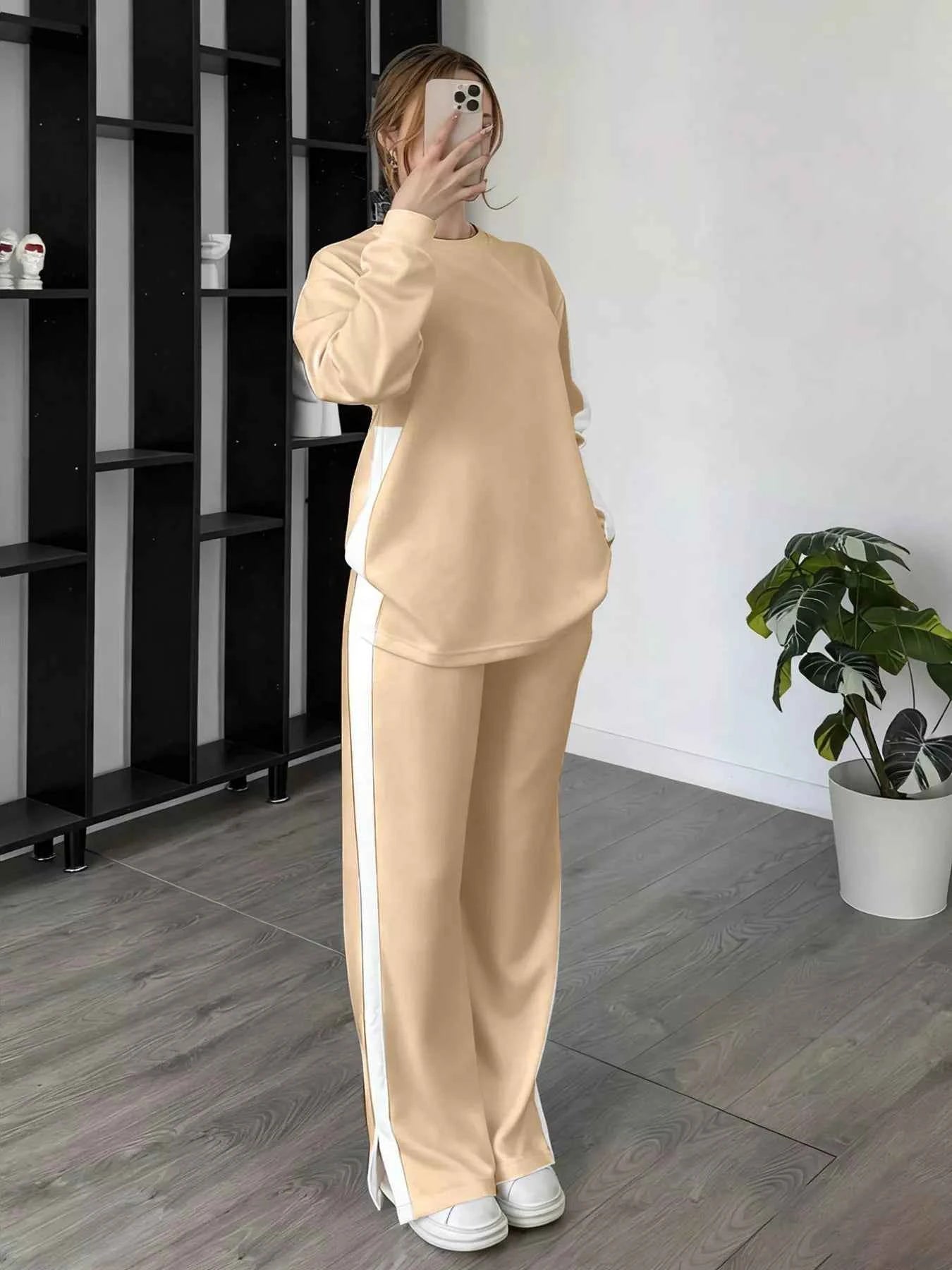 Full Size Contrast Round Neck Top and Pants Set Plus Size Apricot c5d4c6b92e5f4fb7bd61782d55e58862-Max-Origin