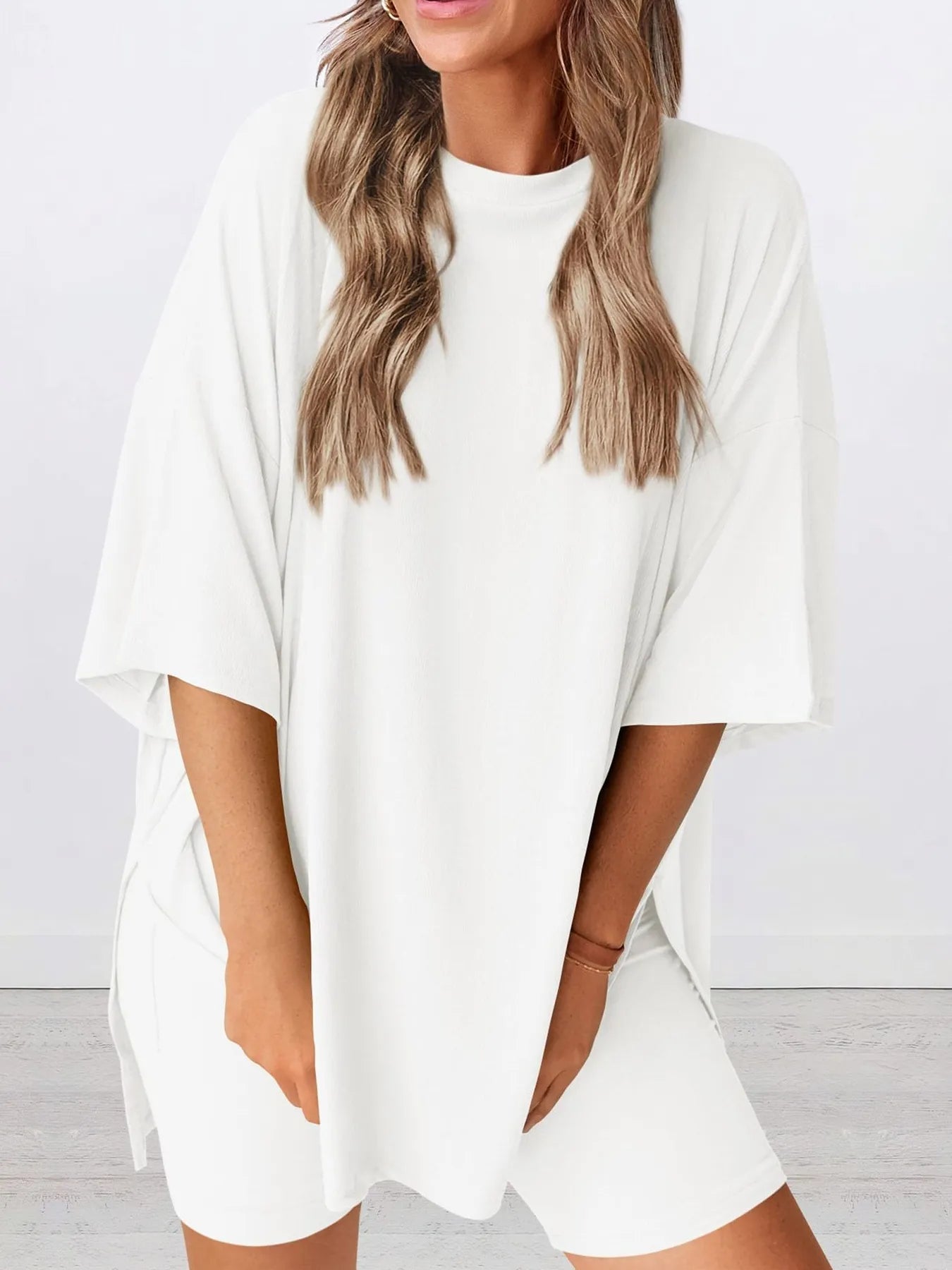 Full Size Oversized Slit Round Neck Top and Shorts Lounge Set Plus Size White c5d5f46fb3c349dfb6fc0c05ae2e9e05-Max-Origin