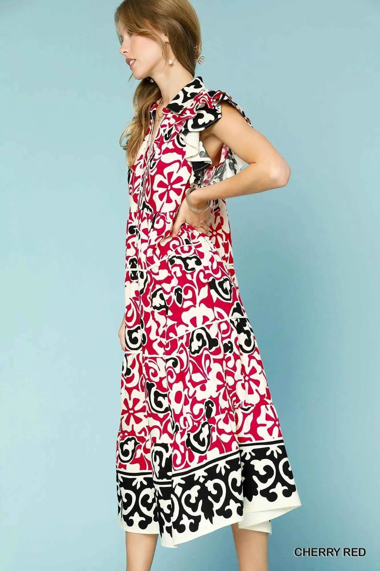 Umgee Printed Ruffled Cap Sleeve Midi Dress c5d8b5ca-34a4-46be-a2d6-b59d621bbacb-Max-Origin