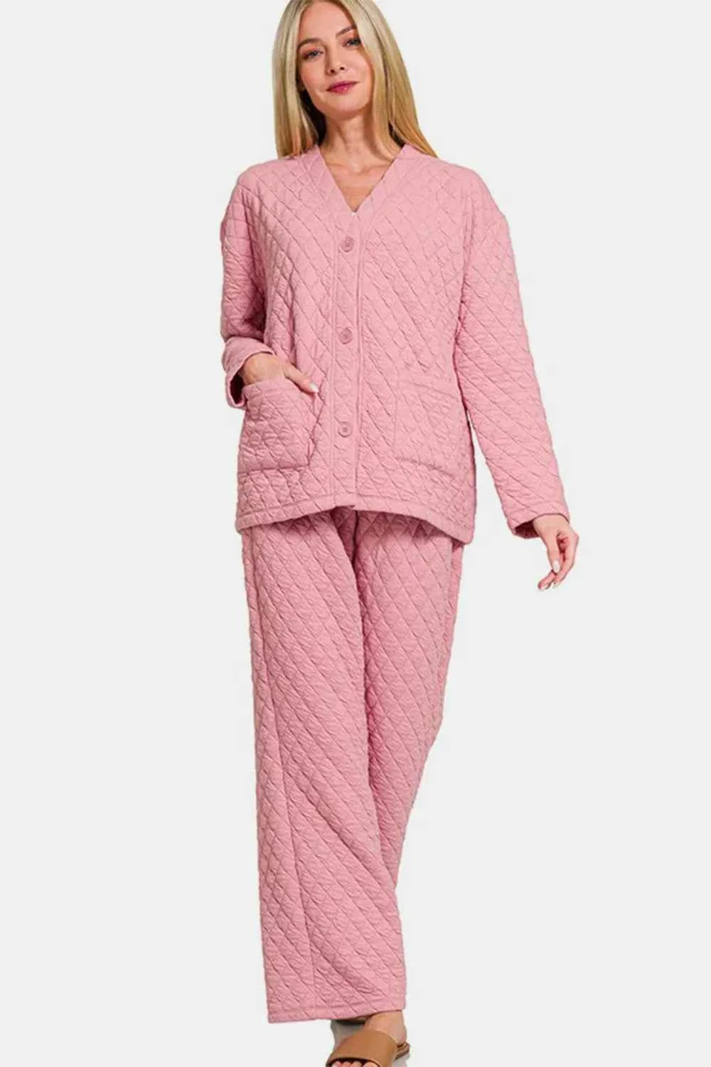 Zenana Quilted Button Up Long Sleeve Top and Pants Lounge Set Dusty Pink c5de48ca-6923-4d74-8172-54fd85e372a0-Max