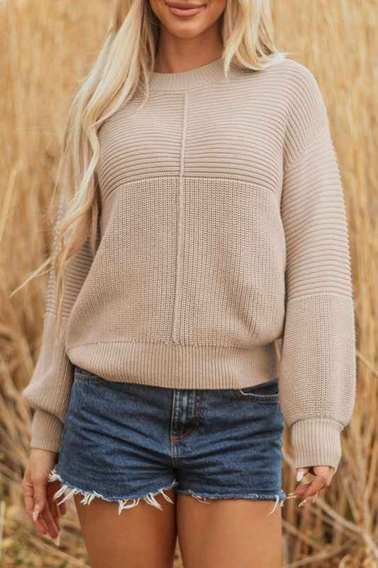 Ribbed Patchwork Textured Knit Puff Sleeve Sweater Parchment c5e4d6c3-f004-43b1-b89e-7457018d27e6