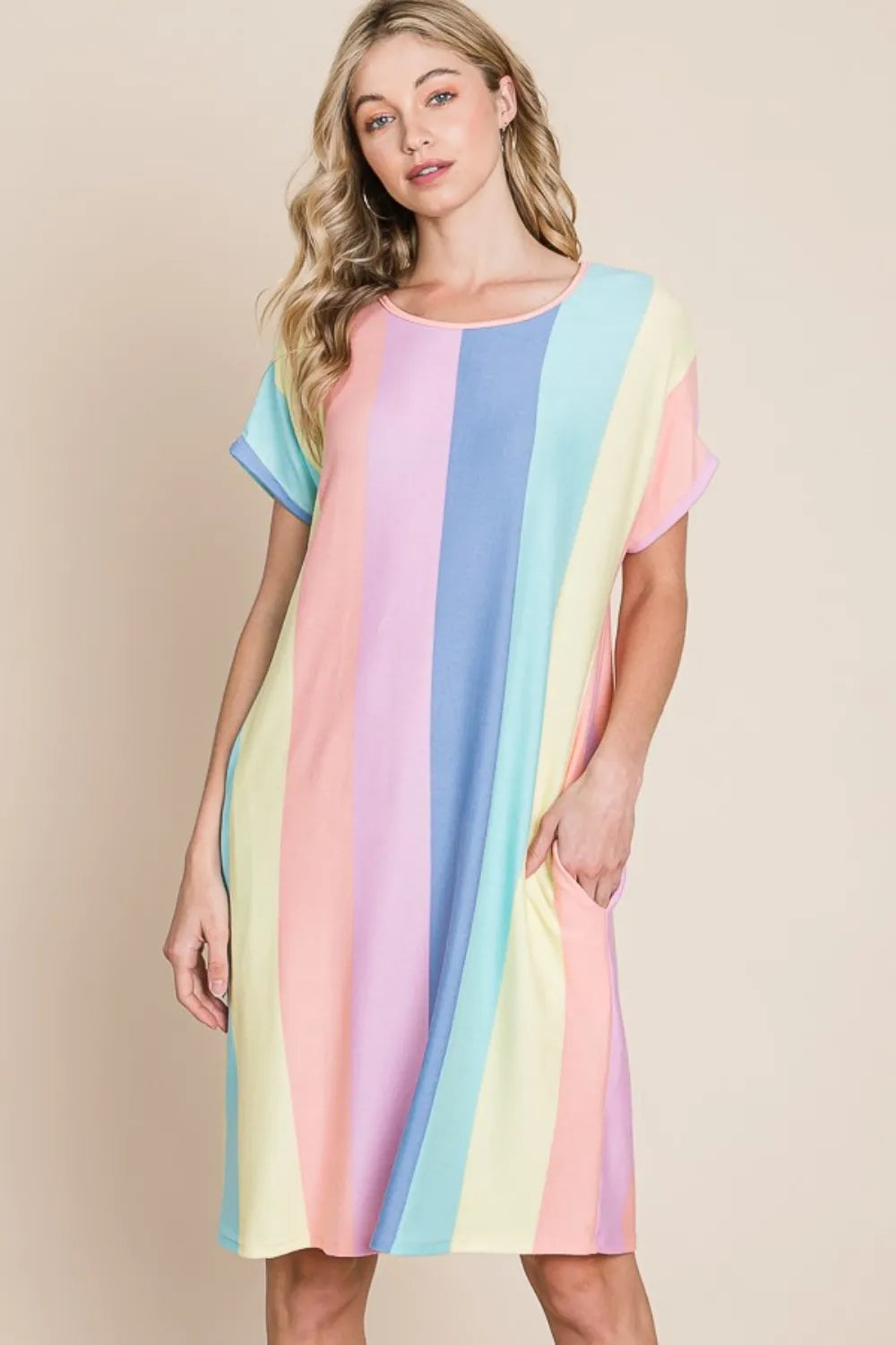 BOMBOM Striped Short Sleeve Dress with Pockets c5ea50fe-8623-433f-bce4-01c62205922c-Max
