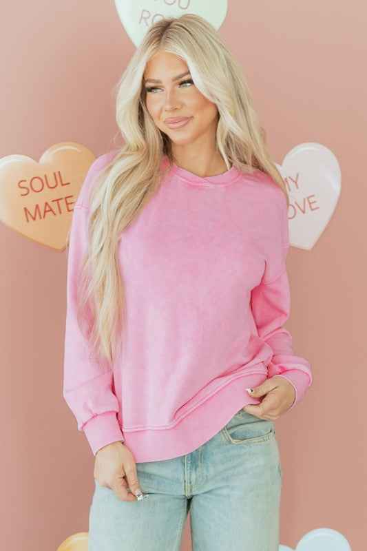 Valentine Solid Mineral Wash Crewneck Sweatshirt Bright Pink c5ef17ba-65c1-4e27-a44d-bcadff2df4d5