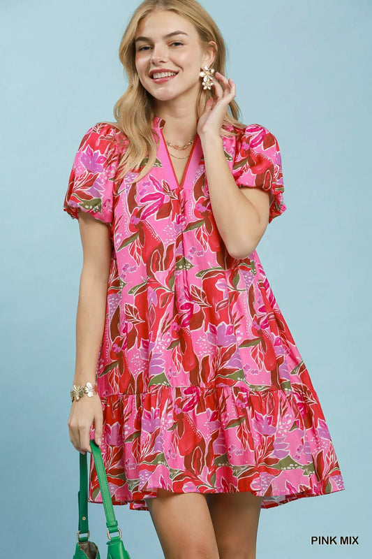 Tropical Floral Puff Sleeve Tiered Mini Dress PINK MIX c5f28b1c-f585-46b1-8a0b-787f30f92c86-Max-Origin