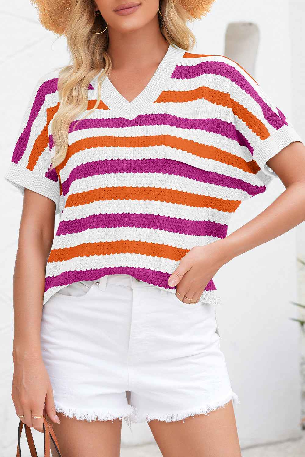 Green Stripe V Neck Short Sleeve Sweater with Side Slits c5f8c8810e32d7dc