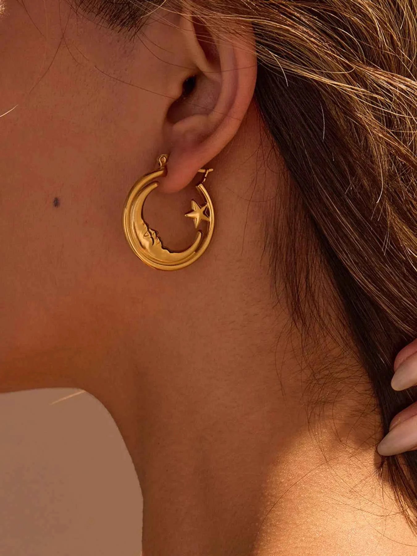 18K Gold-Plated Crescent Moon Star Hoop Earrings Gold One Size c5fcacd5-d05f-4835-b60e-65e7e70bf953-Max-Origin
