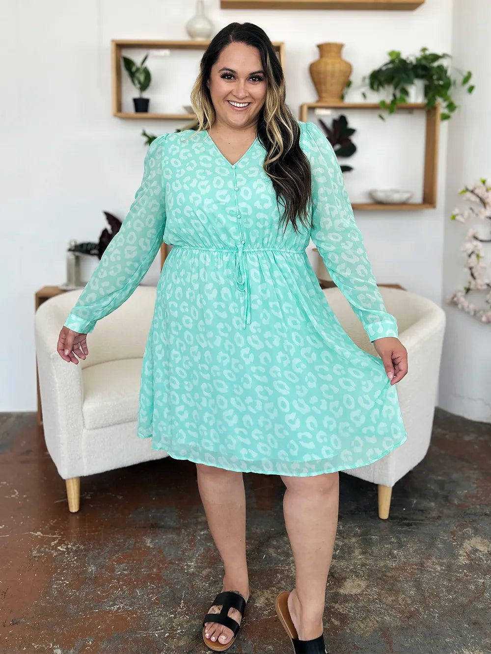 Double Take Full Size Printed Ruched V-Neck Long Sleeve Dress c6032292-09f6-4754-be98-ec894f84bf94-Max